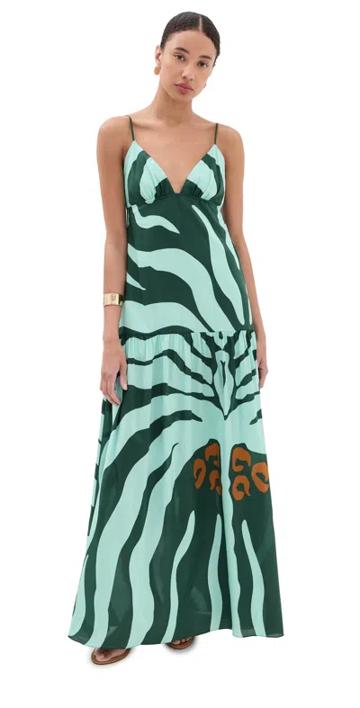 Johanna Ortiz Dark Green/mint Zea Palm Maxi Dress Dark Green/mint