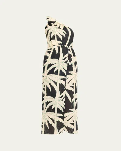 Johanna Ortiz Dark Palms Ankle Dress In Swim Salty Palms-black-ecru-mint