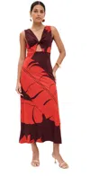 Johanna Ortiz Deep Heart Twisted Cutout Ankle Dress In Palm Shadows - Red-lobster Red