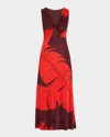 Johanna Ortiz Deep Heart Twisted Cutout Ankle Dress In Palm Shadows - Red-lobster Red