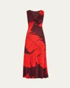 Johanna Ortiz Deep Heart Twisted Cutout Ankle Dress In Palm Shadows - Red-lobster Red