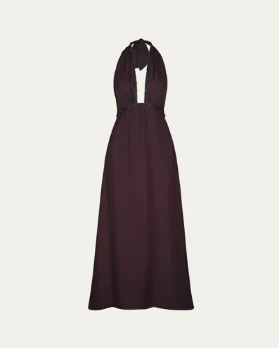 Johanna Ortiz Destiny Embellished Plunging Halter Maxi Dress In Brown