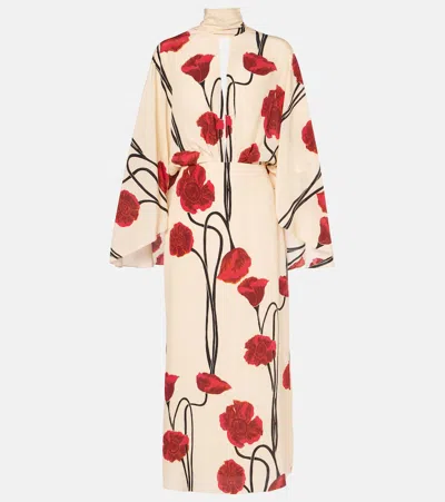 Johanna Ortiz Parajes Lejanos Floral Silk Midi Dress In Papaver Somniferum/ecru