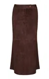Johanna Ortiz El Buque Embroidered Suede Midi Skirt In Brown