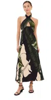 Johanna Ortiz Elegant Expedition Criss Cross Halter Midi Dress In Palm Shadows Fairy/green/ecru