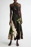 Johanna Ortiz Elegant Expedition Criss Cross Halter Midi Dress In Palm Shadows/green/ecru