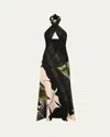Johanna Ortiz Elegant Expedition Criss Cross Halter Midi Dress In Palm Shadows Fairy - Green-ecru