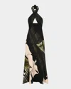 Johanna Ortiz Elegant Expedition Criss Cross Halter Midi Dress In Palm Shadows Fairy - Green-ecru