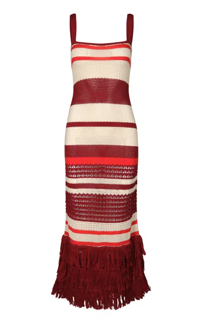 Johanna Ortiz Embayed Knit Midi Dress In Antique Ecru/wine/red