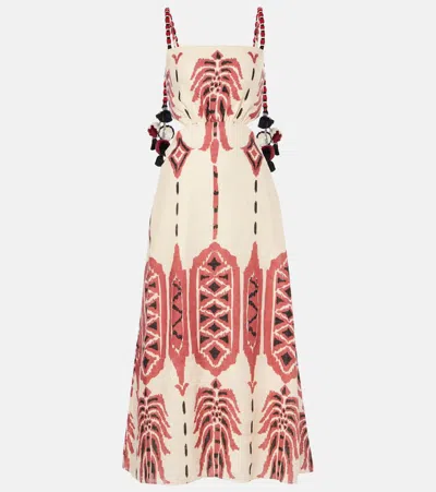 JOHANNA ORTIZ EMBROIDERED PRINTED LINEN MIDI DRESS