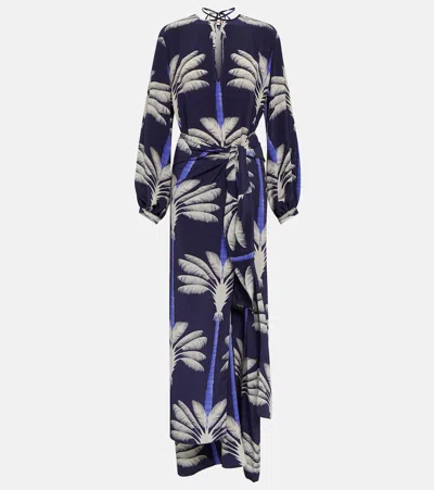 Johanna Ortiz Embroidered Printed Silk Wrap Dress In Blue