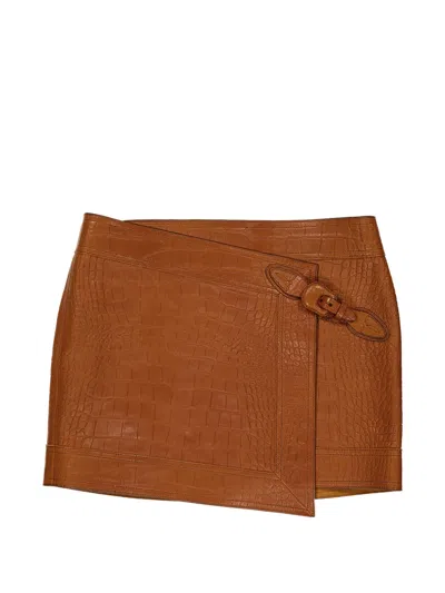 Johanna Ortiz Emerging Croc-effect Leather Mini Skirt In Brown