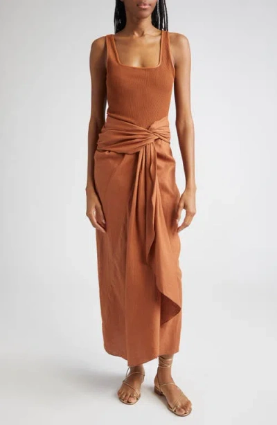Johanna Ortiz Encanto Pacifico Asymmetric Linen And Ribbed-knit Dress In Brown