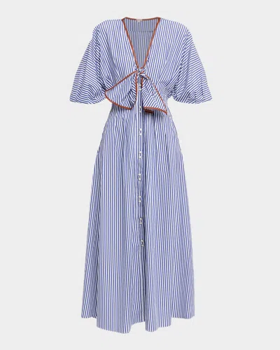 Johanna Ortiz Endless Spring Bow Puff-sleeve Ankle Dress In Blue