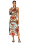 Johanna Ortiz Energetic Patterns Twisted Halter Linen Maxi Dress In Shipibo & The Tropics Brown  Mint  & Ter