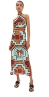 Johanna Ortiz Energetic Patterns Twisted Halter Linen Maxi Dress In Shipibo Tropics Brown-mint-ter