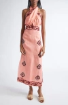 Johanna Ortiz Energetic Patterns Linen Halter Midi Dress In Brown