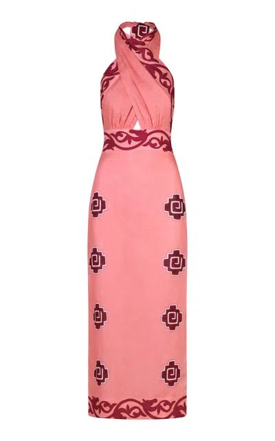 Johanna Ortiz Energetic Patterns Linen Halter Midi Dress In Multi