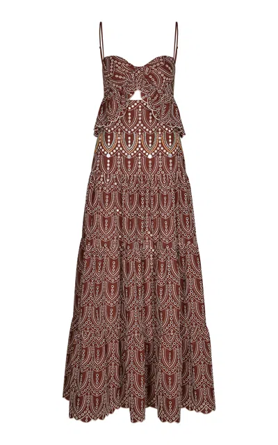 Johanna Ortiz Entre Flechas Embroidered Cotton-blend Maxi Dress In Brown