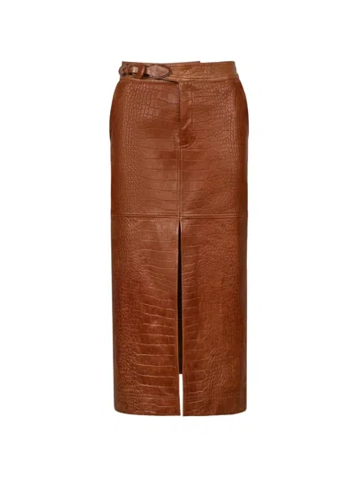 Johanna Ortiz Epic Statement Croc-effect Leather Skirt In Brown