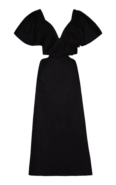 Johanna Ortiz Eternal Jungle Ruffled Cutout Cotton Poplin Midi Dress In Black