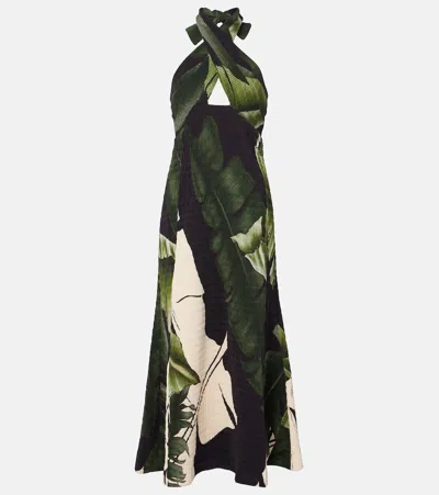 Johanna Ortiz Elegant Expedition Printed Plissé-satin Halterneck Midi Dress In Black