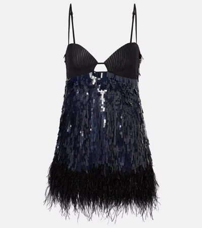Johanna Ortiz Feather-trimmed Sequined Minidress In Blue