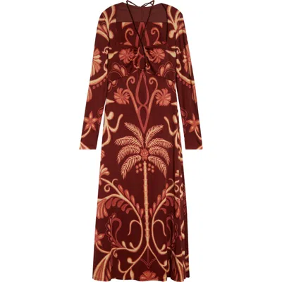 Johanna Ortiz Festive Performance Long Sleeve Jersey Maxi Dress In Tropical Suit Of Lights/wine
