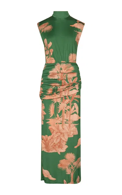 Johanna Ortiz Finding The Way Ruched Sleeveless Maxi Dress In Tropical Exuberance Allover - Green-pink