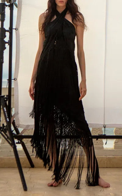 Johanna Ortiz Flecos Marinos Fringed Silk Midi Skirt In Black