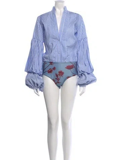 Pre-owned Johanna Ortiz Floral Print Long Sleeve Bodysuit In Blue