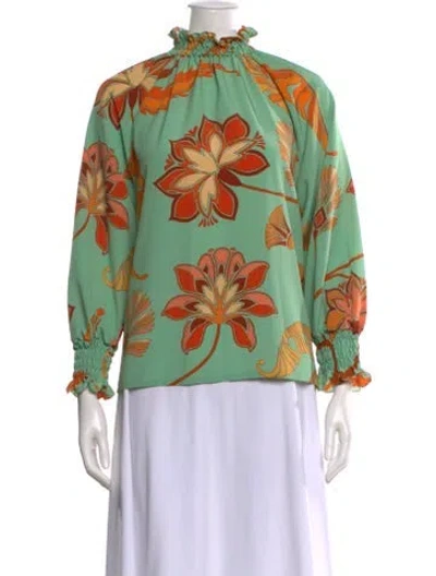 Pre-owned Johanna Ortiz Floral Print Mock Neck Blouse In Green