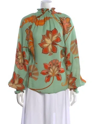 Pre-owned Johanna Ortiz Floral Print Mock Neck Blouse In Green