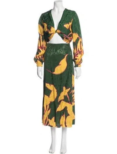 Pre-owned Johanna Ortiz Floral Print Pleated Accents Skirt Set In Green