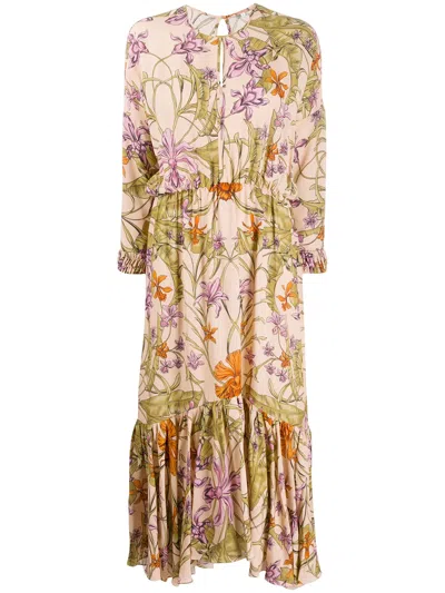 Johanna Ortiz Floral-print Pleated Hem Dress In Neutrals