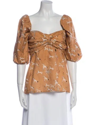 Pre-owned Johanna Ortiz Floral Print Square Neckline Blouse In Orange