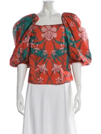 Pre-owned Johanna Ortiz Floral Print Square Neckline Blouse In Orange