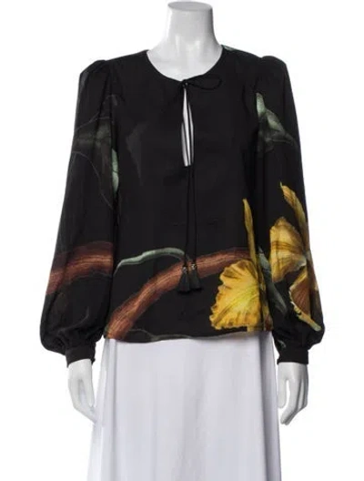 Pre-owned Johanna Ortiz Floral Print Tie Neck Blouse In Black