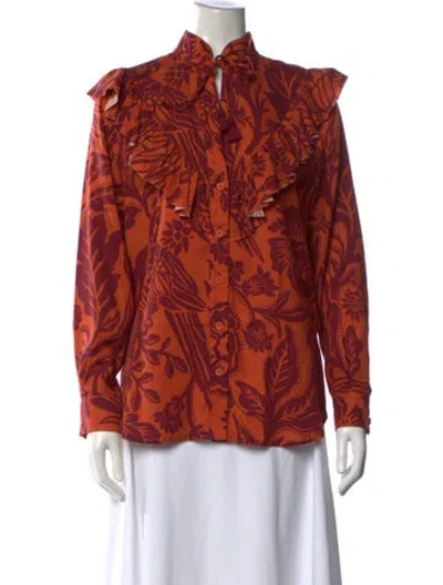 Pre-owned Johanna Ortiz Floral Print Tie Neck Blouse In Orange