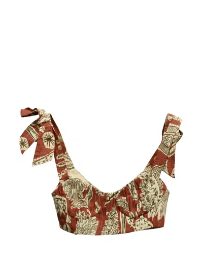 Pre-owned Johanna Ortiz Floral-print Tie-strap Top In Brown