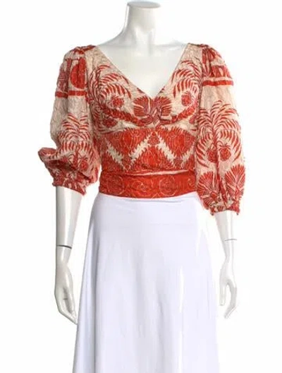 Pre-owned Johanna Ortiz Floral Print V-neck Blouse In Orange