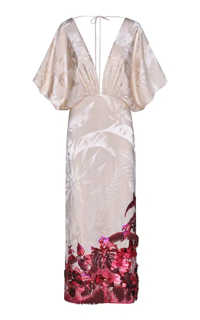 Johanna Ortiz Floral Serenade Plunged Satin Jacquard Midi Dress In Multi