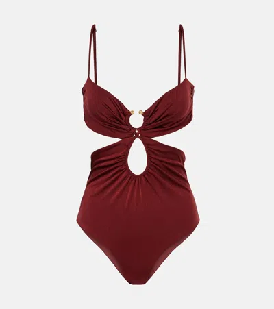 Johanna Ortiz Gathered Cutout Swimsuit In Burgundy