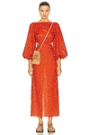 Johanna Ortiz Printed Linen Flared Sleeve Midi Dress In Thirties Bianchini Allover Red & Ecru