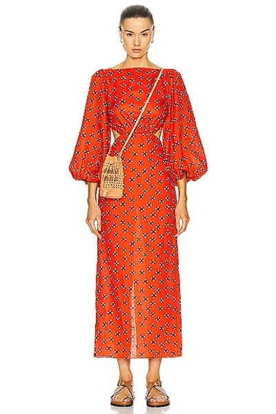 Johanna Ortiz Printed Linen Flared Sleeve Midi Dress In Red
