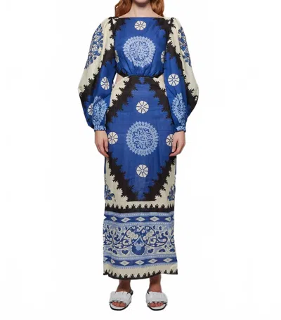 Johanna Ortiz Glorious Rivers Midi Dress With Puff Sleeves And Cutout Waist In Blue