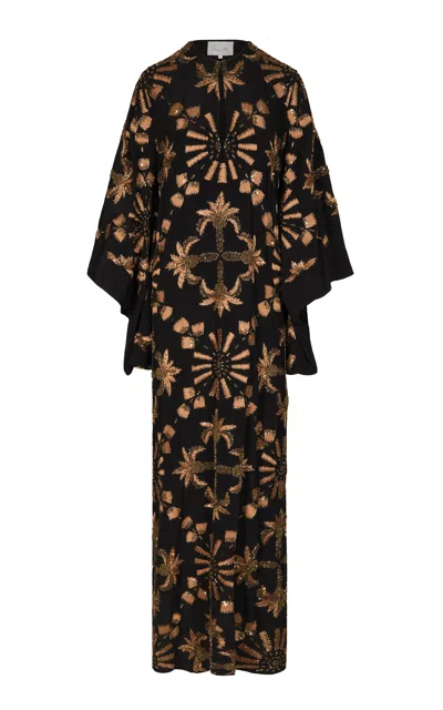 Johanna Ortiz Golden Hour Beaded Silk Maxi Tunic Dress In Black