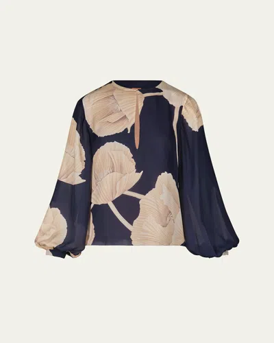 Johanna Ortiz Gotas Florales Floral Silk Top In Opium Florals/navy/ecru