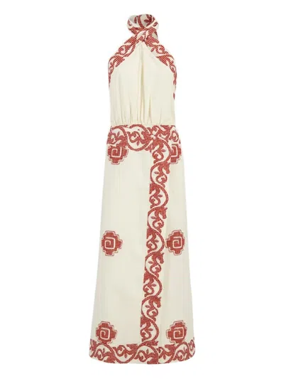 Johanna Ortiz Halterneck Embroidered Dress In Neutral