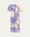 Johanna Ortiz Harbor Hues Ankle Dress In Palm Tree Motif By  In A Striking Palette Of Sand, Ecru, Blue And Red